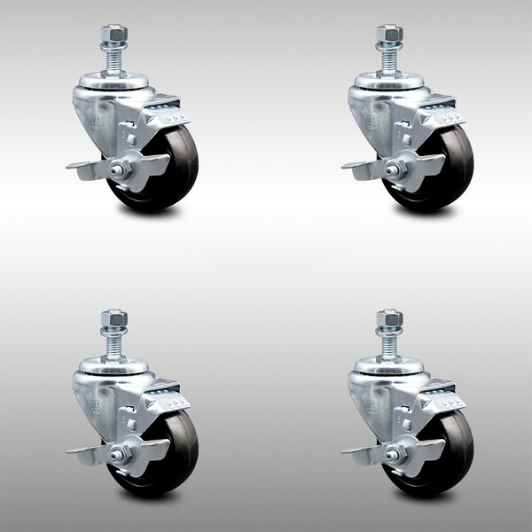 Service Caster 3 Inch SS Hard Rubber Wheel Swivel 1/2 Inch Threaded Stem Caster Set Brake SCC SCC-SSTS20S314-HRS-TLB-121315-4 - main